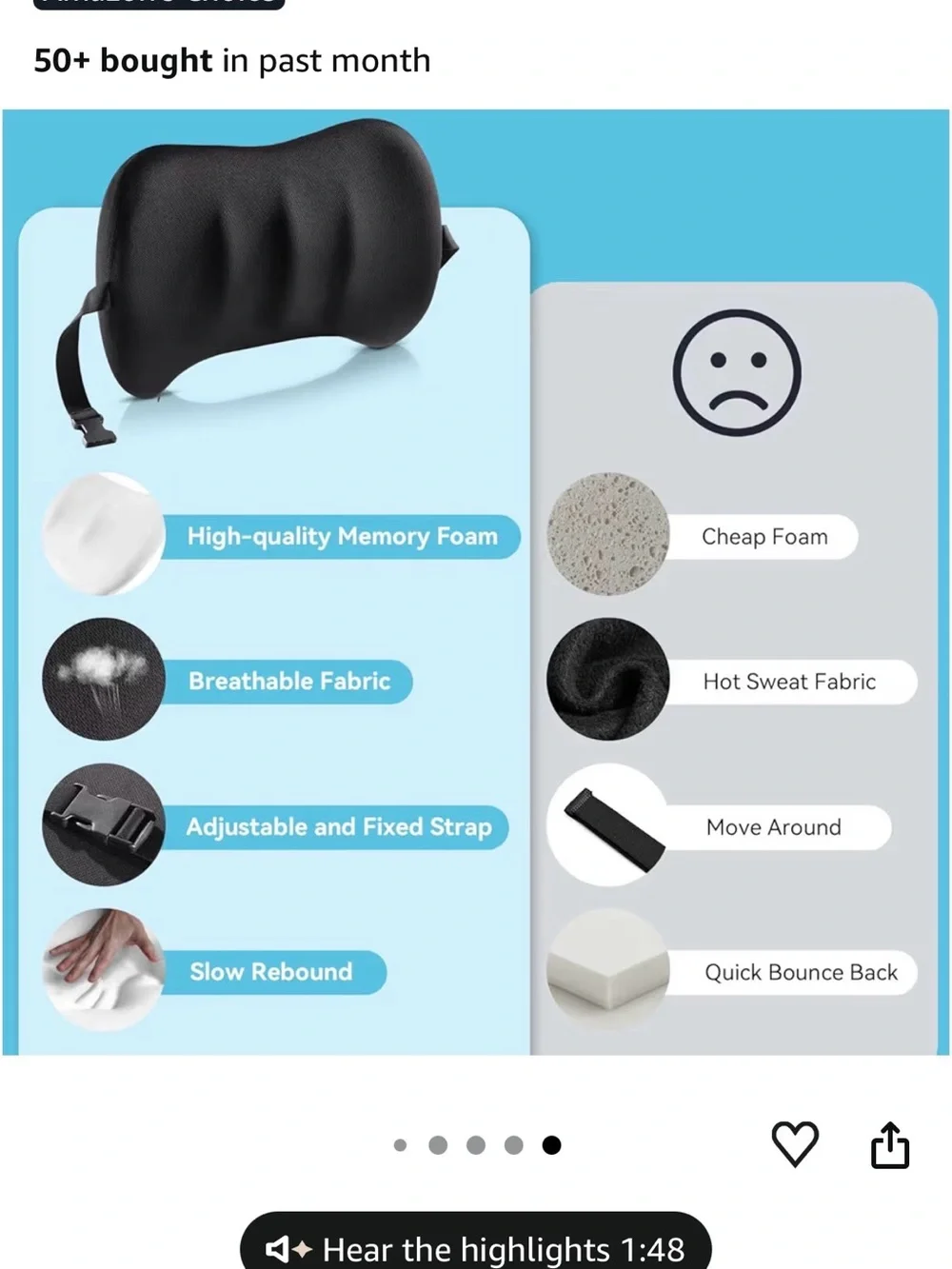 Black Memory Foam Lumbar Support Pillow for VR & Seat Comfort